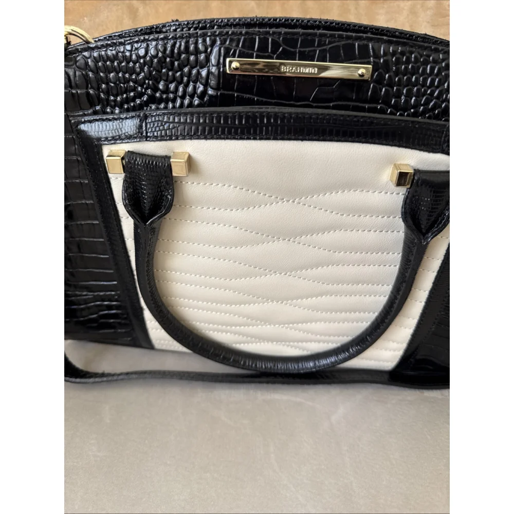 Brahmin Greta Large Creme Black Croc Embossed Leather Satchel